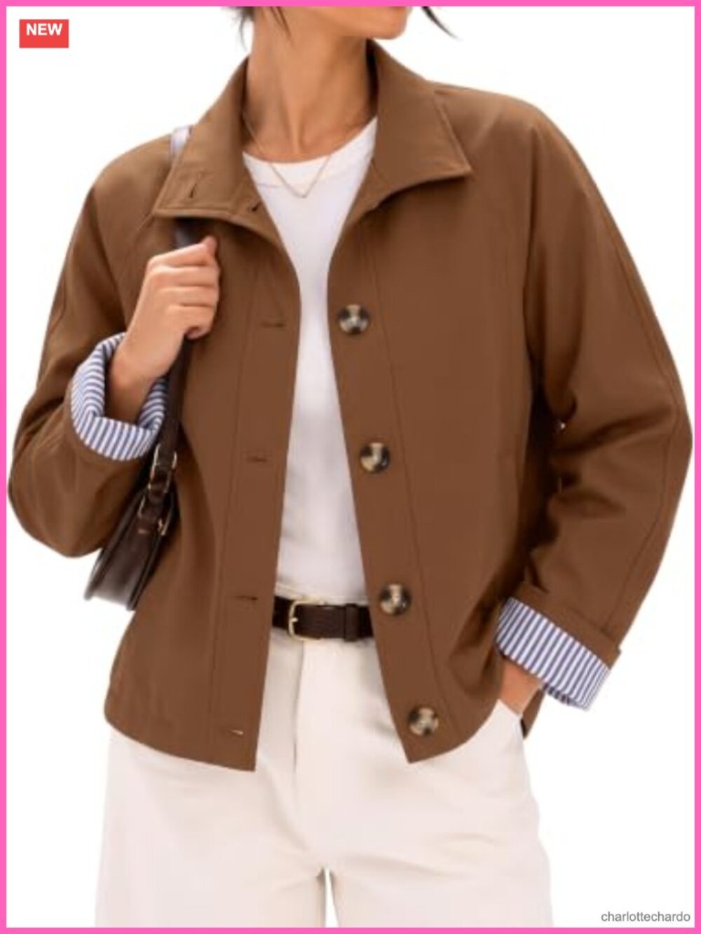 Cropped Jacket Oversized Casual Trench Coat Striped Lining Button Front Ladies